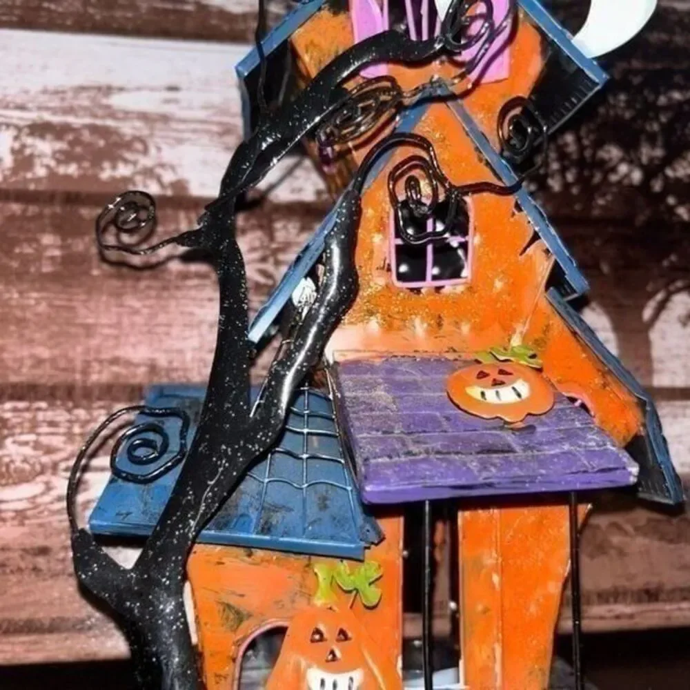 Halloween metal bright colors house with tea light house multi bright c